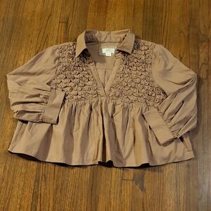 Anthropologie Taupe Cropped Smocked Blouse